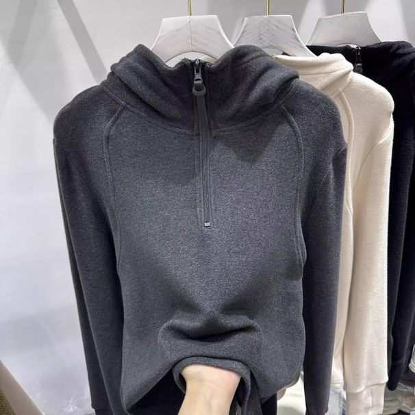 European Solid Color Half Zipper Abraded Thickened Hooded Sweater Women's German Velvet Bottoming Top Hoodie_ecoleips.com