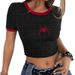 American Style Women's Pullover Crop Top Unique Spider Embroidery Ribbed Texture Color Block Slim Fit Midriff Baring Top_ecoleips.com
