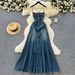 Vintage French Style Square Neck Halter Denim Dress - Elegant Backless Midi Dress With Single Row Buttons For Women_ecoleips.com