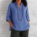Women's Clothing V Neck Three Quarter Sleeve Cotton And Linen Loose Casual Shirt_ecoleips.com