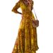New European And American 2023 Bohemian Style Three-Quarter Sleeve Long High-Waisted V-Neck Floral Print Dress For Women_ecoleips.com