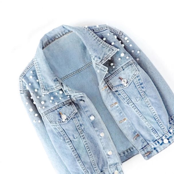Women's Pearl Rhinestone Denim Jacket Light Blue Washed Distressed Loose Fit Y2K Style_ecoleips.com