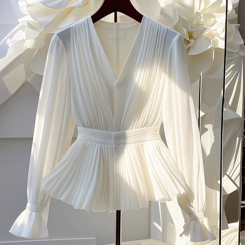 Women's Clothing Autumn French Temperament V Neck Long Sleeved Top Light Luxury High End White Shirt Female_ecoleips.com
