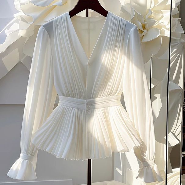 Women's Clothing Autumn French Temperament V Neck Long Sleeved Top Light Luxury High End White Shirt Female_ecoleips.com