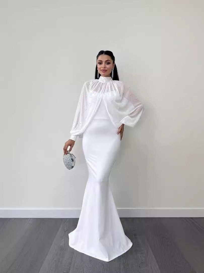 Women's Clothing Two Piece Set Beaded Halter Neck Top Sling Slim Fishtail Skirt Suit_ecoleips.com