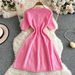 Women's Clothing Gentle Pink Round Neck Knitted Dress Summer Women's Clothing Metal Buckle Waist Slim A Line Medium Length_ecoleips.com
