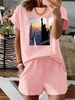 Summer New Pink New York NU Pattern T-shirt, Casual Printed Round Neck Short Sleeved Top With Elastic Waist Pocket, Women's Two-piece Set-289_ecoleips.com