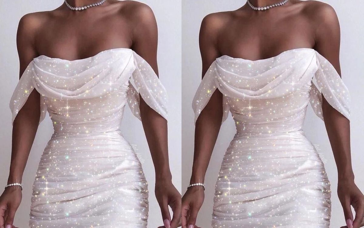 Sexy Off-Shoulder Sequin Mini Dress – Glamorous A-Line Silhouette, Breathable Chiffon For Parties & Date Nights (White, S-XL)_ecoleips.com
