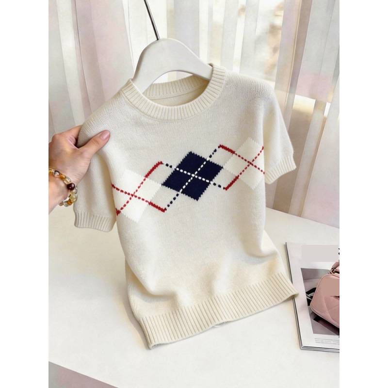 Women's Retro Style Diamond Pattern T-Shirt Short Sleeved Loose Fit Slimming Versatile Youthful Knit Top For Summer_ecoleips.com