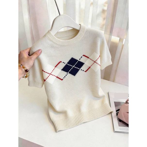 Women's Retro Style Diamond Pattern T-Shirt Short Sleeved Loose Fit Slimming Versatile Youthful Knit Top For Summer_ecoleips.com