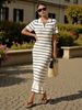 Elegant Women's Short Sleeve Long Dress Slim Fitting Striped Knit New American Style_ecoleips.com