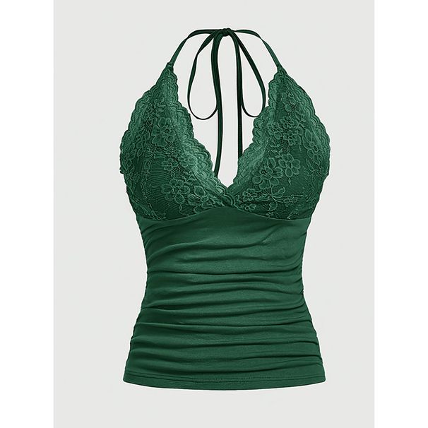 2025 Summer New Solid Color Women's V-neck Pleated Top With Lace Splicing And Halter Neck Design Casual Camisole_ecoleips.com