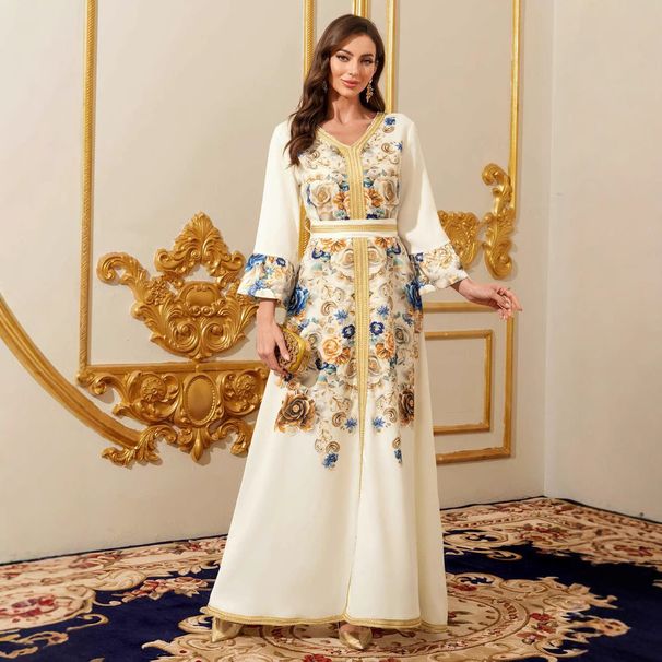 Women's Clothing Robe Long Sleeve Printed V Neck Dress Long Skirt_ecoleips.com