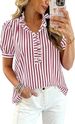 Women's Summer V-Neck Blouse With Ruffles, Bubble Sleeves, Button Detail, Striped & Checkered Casual Shirt_ecoleips.com