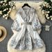 Women's Clothing Print Single Breasted V Neck Lantern Sleeve Waisted Medium Length Dress For Small People_ecoleips.com