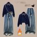 Vintage Plaid Polo-Collar Sweatshirt & Fleece-Lined Drawstring Jeans Set - Cozy Academic Style (Blue/Beige/Grey)_ecoleips.com