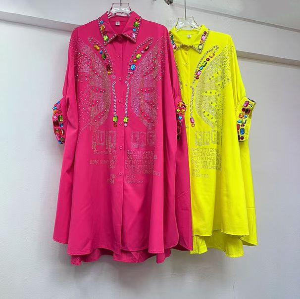 Summer New Women's Niche Design Rhinestone Long Shirt Loose Fit Plus Size Slimming Fashionable Top_ecoleips.com