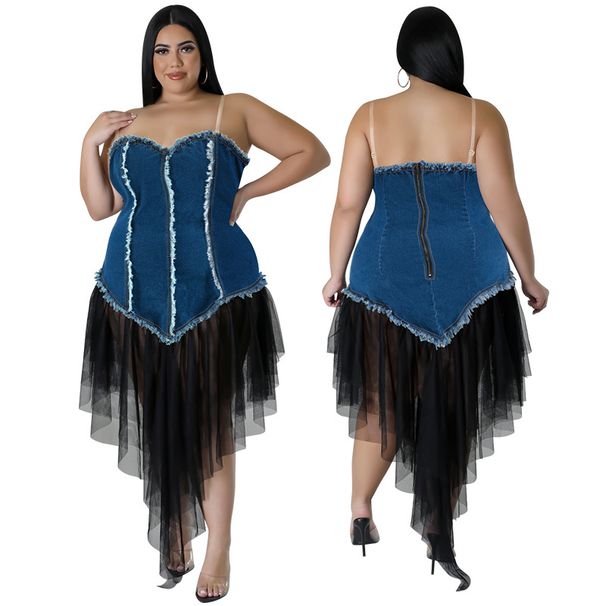 Women's Clothing Plus Size Women's Halter Top Off Shoulder Denim Patchwork Mesh Dress Style For Formal & Casual For Women_ecoleips.com