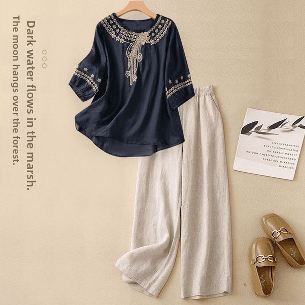 Chinese Style Women's Fashion Set Short Sleeved Cotton Linen Top Artistic Retro Casual Wide Leg Pants Ethnic Two Piece Outfit_ecoleips.com
