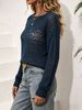 Navy Boat Neck Hollow Pit Rib Knit Sweater, Loose Lightweight Breathable Micro Hole Soft Skin-touch Long Sleeve Pullover_ecoleips.com