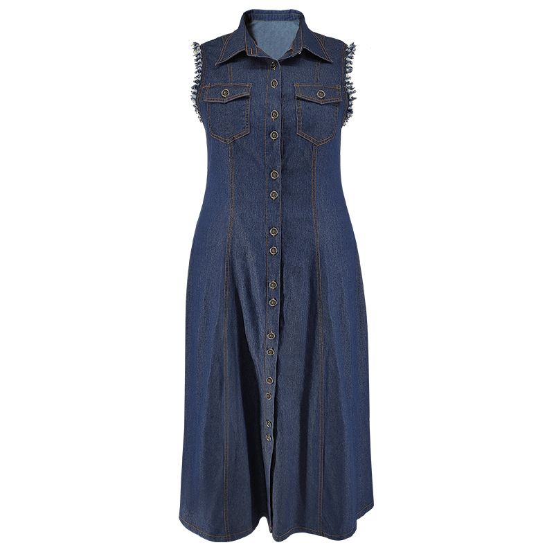 K Large Size Women's Button Up Cardigan Denim Long Dress_ecoleips.com