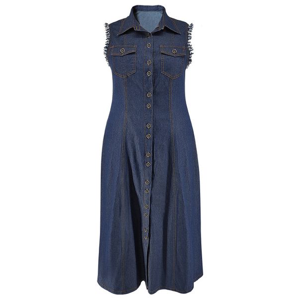 K Large Size Women's Button Up Cardigan Denim Long Dress_ecoleips.com