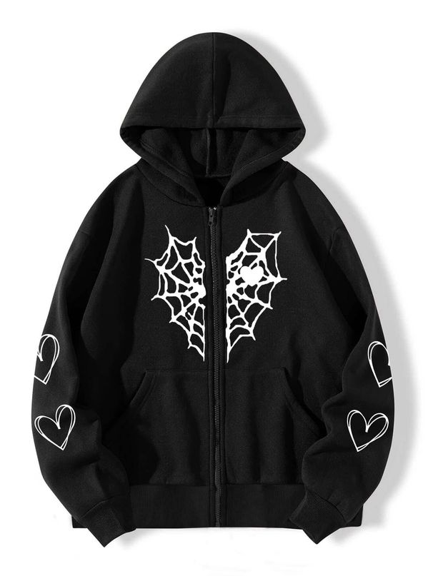 Spider Web Heart Print Fleece Zip-Up Hoodie - Cozy Unisex Pullover With Front Pockets, Warm & Stylish Outerwear For Men And Women_ecoleips.com