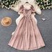 French Style Women's Long Dress Square Neck Puff Sleeve Striped Pattern Korean Summer Waist Cinching A-Line Skirt For Elegant Dates_ecoleips.com