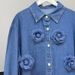 Retro Denim Shirt Jacket – Oversized Boyfriend Style With Floral Embroidery (One Size, Polo Collar, Light/Indigo Wash)_ecoleips.com
