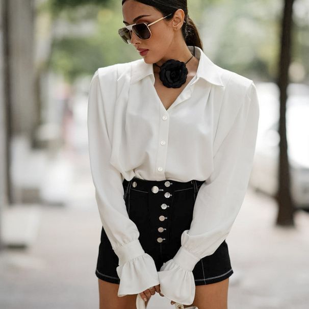 French-Style Turned-Down Collar White Business Shirt With Puffed Sleeves For Women-Autumn/Winter Fashion Piece That's Ve_ecoleips.com