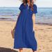 Women's Clothing New Solid Color V Neck Short Sleeved Loose Casual Long Women's Cotton And Linen Dress_ecoleips.com