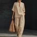 20226 Summer Fashion Casual European American Cross-Border Linen Cotton Solid Color T-Shirt And Pants Set V-Neck Pocket_ecoleips.com