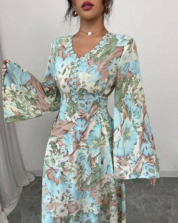 Muslim Dress Women Elegant Floral Print V-Neck A-Line Maxi Dress With Bell Sleeves & Adjustable Waist – Feminine & Stylish For Women_ecoleips.com