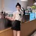 Trendy Women's Outfit: Sweet And Spicy Girl Style With Flutter Sleeve Stand Collar Shirt + Rhinestone Beaded Skirt_ecoleips.com