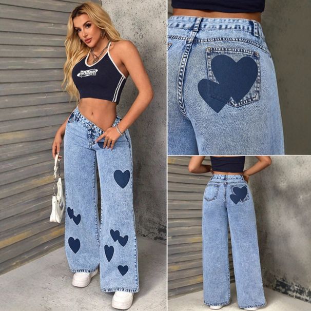 Women's Clothing Retro Women's Denim Trousers Heart Print Loose Fit European American Style For Formal & Casual_ecoleips.com