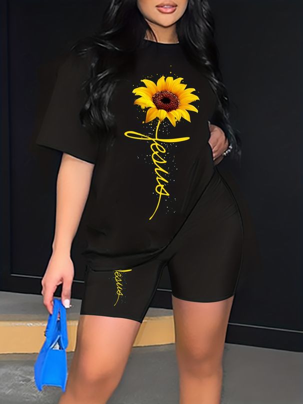 Summer Women's Casual Fashion Sunflower Cross Print Loose T-shirt Shorts Two-piece Set Set Summer Sportswear Suitable For Daily Wear-186_ecoleips.com