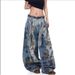 2027 Fashion European-USA Wasteland Style Post-Apocalyptic Stained Jeans Women Cotton Mid Waist Random Needle Embroidery Do Old Wide-Leg Denim Pants_ecoleips.com