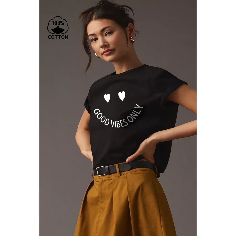Women's Clothing Black Pure Cotton Women's Casual T-Shirt Heart Letter Print Round Neck Short Sleeve Fashionable Simple Top_ecoleips.com
