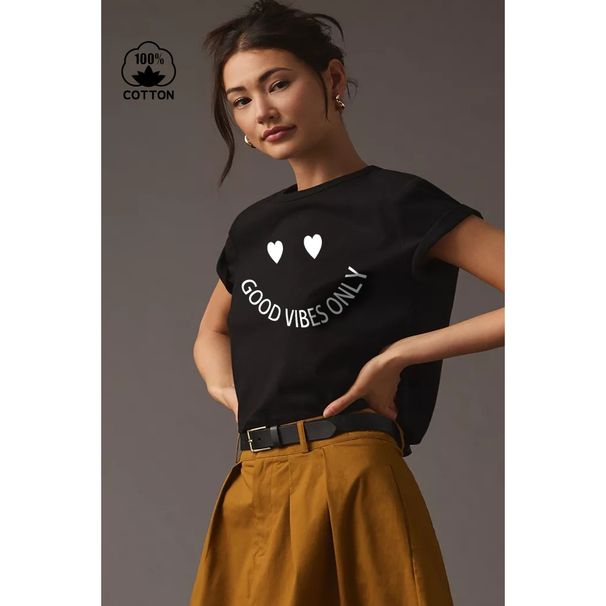 Women's Clothing Black Pure Cotton Women's Casual T-Shirt Heart Letter Print Round Neck Short Sleeve Fashionable Simple Top_ecoleips.com