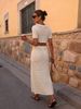 Women's Off Shoulder Knit Two Piece Outfit, Short Sleeve Cropped Top & High Waist Midi Skirt Set_ecoleips.com