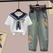 Women's Clothing Fashionable Women's Style Set Embroidered Letter Collar Sailor Suit Short Sleeve Top With Ethnic Trendy Jeans_ecoleips.com