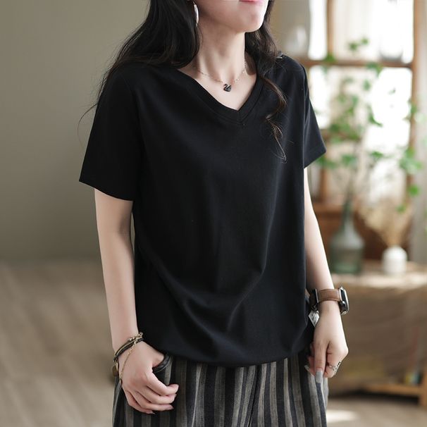 Dopamine Summer Wear: V-Neck Top With Label, Loose Fit, Suitable For Plus-Size Women; Short-Sleeved Design That Looks St_ecoleips.com