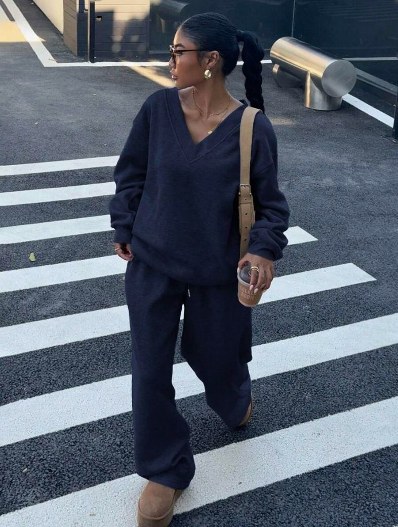 Retro Revival V-Neck Sweatshirt Set With Relaxed Pants ( Fall/Winter Collection)_ecoleips.com