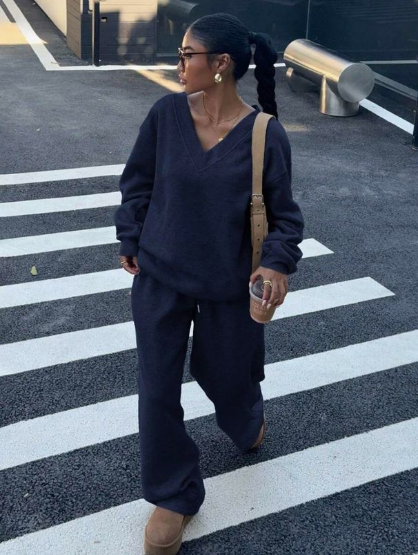 Retro Revival V-Neck Sweatshirt Set With Relaxed Pants ( Fall/Winter Collection)_ecoleips.com