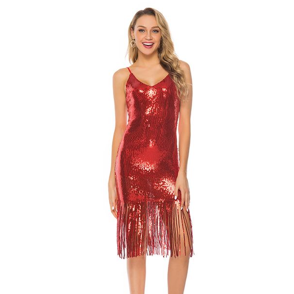 Women's Clothing Nightclub Deep V Neck Sequin Sexy Tassel Backless Suspender Dress_ecoleips.com