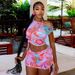 Women's Fashion Vacation Travel Dress Set European And American Style Printed Sweet Asymmetrical Top Short Two Piece Set_ecoleips.com