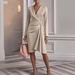 Women's Clothing Elegant Bodycon Dress With V-Neck & Pleated Detail - Slim Fit Long Sleeve Midi Dress For Women (White, Champagne, Wine Red, Pink)_ecoleips.com