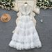 Women's Clothing Luxury French-Style Tulle Ball Gown – Embroidered Sequins & Beads, High Waist Elegant Long Dress (Beige/White/Black, M/L/XL/XXL)_ecoleips.com