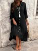 Women's Pure Black Button Down Shirt Collar Dress Casual Loose Full Skirt Autumn Middle East Style_ecoleips.com