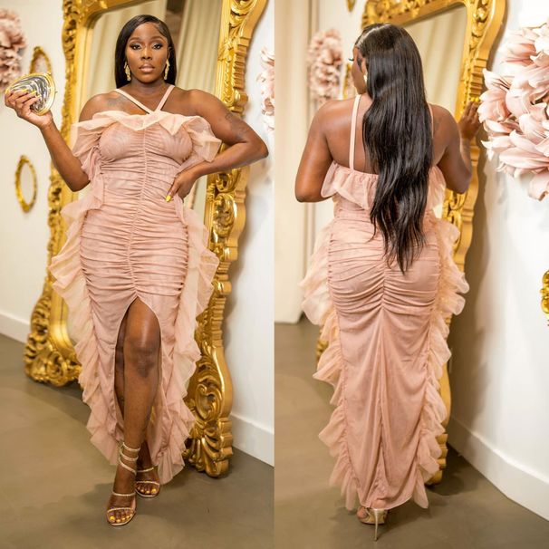 Women's Clothing Women's Ruffled Sheer Mesh Elastic Bodycon Sundress With Slit For Spring/Summer Casual Wear_ecoleips.com